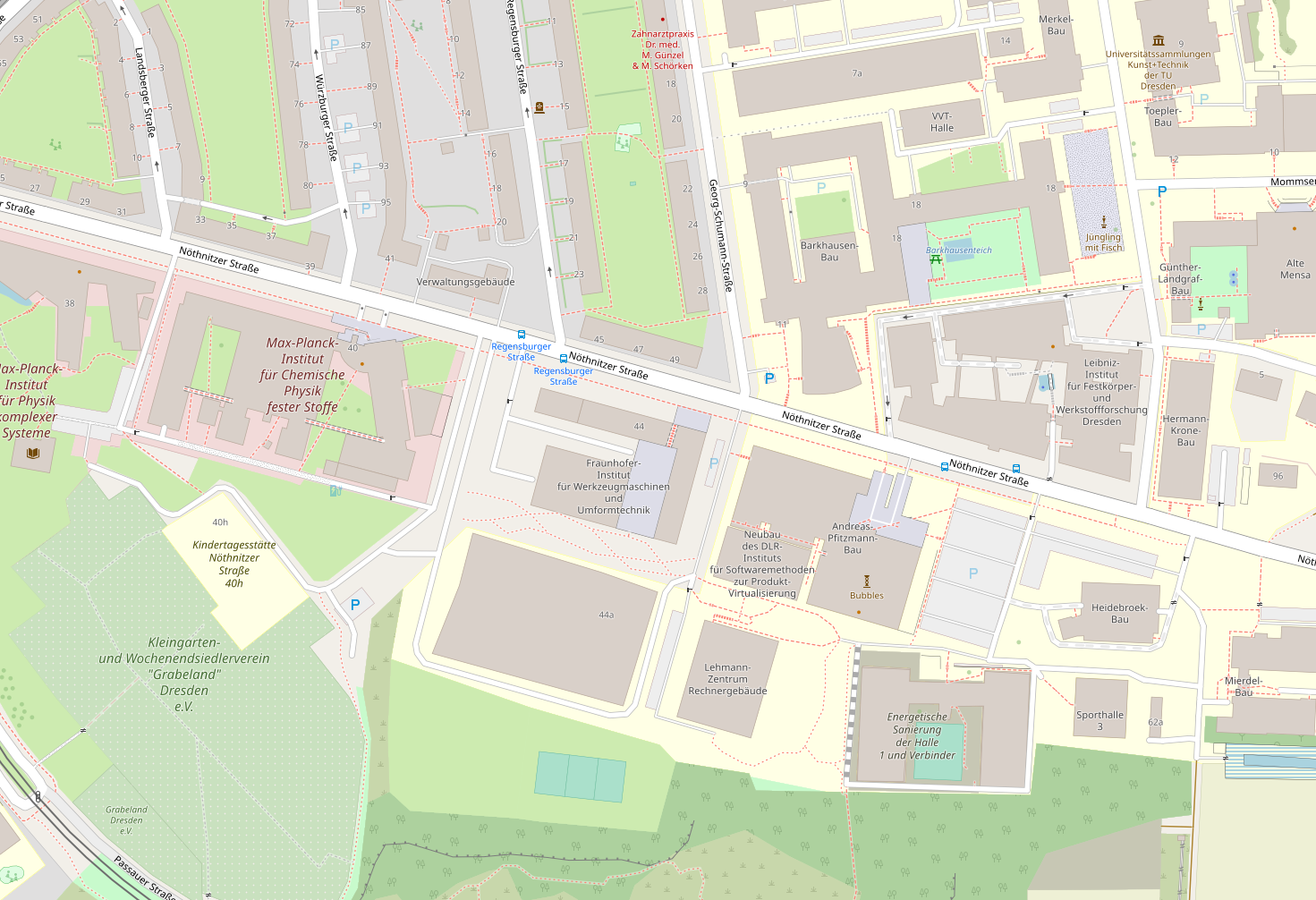 Ausschnitt einer OSM-Karte im Bereich der Nöthnitzerstraße in Dresden. Der Andreas-Pfitzmann-Bau (Besuchsanschrift) befindet sich etwa mittig in der unteren Hälfte des Ausschnitts