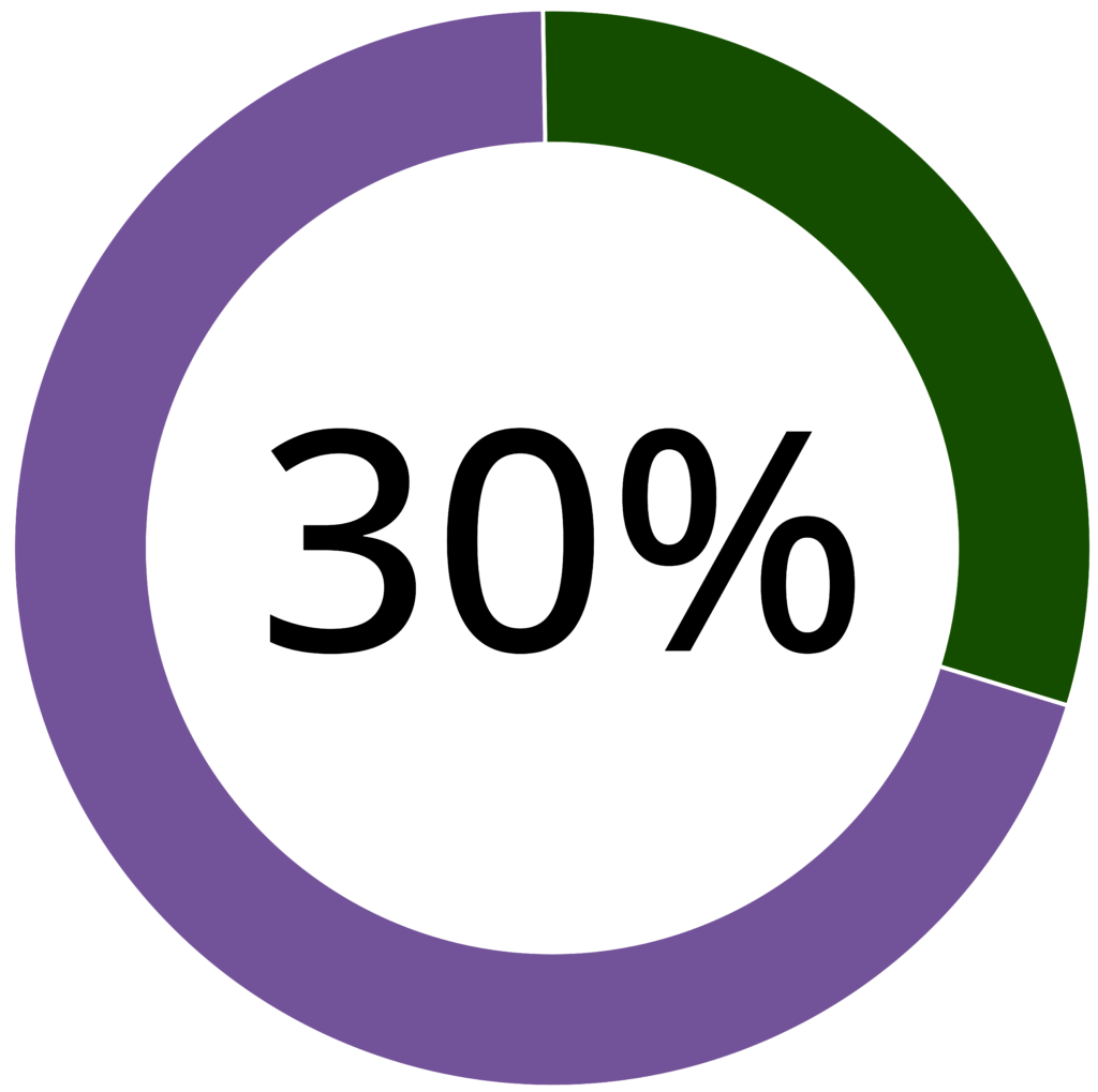 Donut chart. The outer ring represents 70% in purple and 30% in green. The center of the circle reads "30%".
