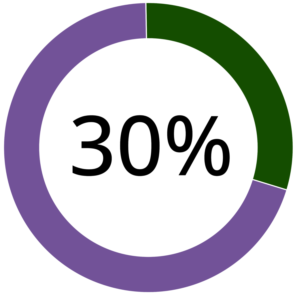 Donut chart. The outer ring represents 70% in purple and 30% in green. The center of the circle is labeled with "30%".