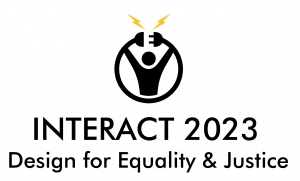 Logo of the Interact Conference 2023. At the top is an icon with a circle representing a power cable. Inside the circle is a stylized person pulling the plug at the top of the circle, so that the circle is open at the top. Lettering underneath: "Interact 2023 Design for Equality and Justice".