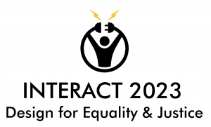 Logo of the Interact Conference 2023. At the top is an icon with a circle representing a power cable. Inside the circle is a stylized person pulling the plug at the top of the circle, so that the circle is open at the top. Lettering underneath: 