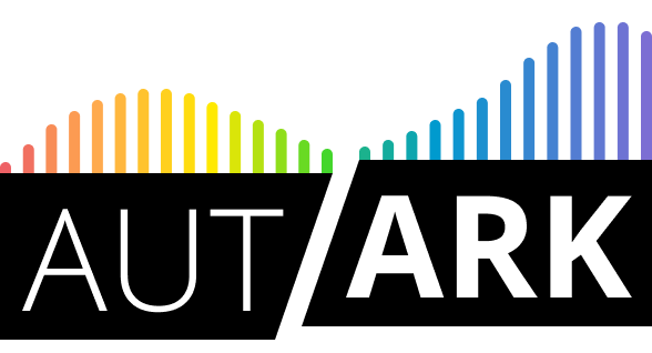 Logo of the research project "Autark". The lettering "AUT" and "ARK" is depicted in white within a black rectangle. The "ARK" rectangle is slightly offset upwards. Colorful columns of varying lengths emerge from the top of both rectangles, forming a curved line. The columns are colored from left to right in the sequence of rainbow colors.