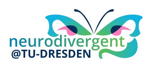 Logo Neurodivergent@TU Dresen mit dem gleichnanimgen Schriftzug (dunkelblau), über dem ein Schmetterling (grün, blau, pink) dargestellt ist.