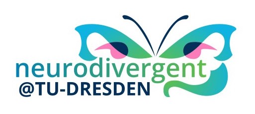 Logo Neurodivergent@TU Dresen with the same lettering (dark blue), above which a butterfly (green, blue, pink) is depicted. Logo Neurodivergent@TU Dresen mit dem gleichnanimgen Schriftzug (dunkelblau), über dem ein Schmetterling (grün, blau, pink) dargestellt ist.