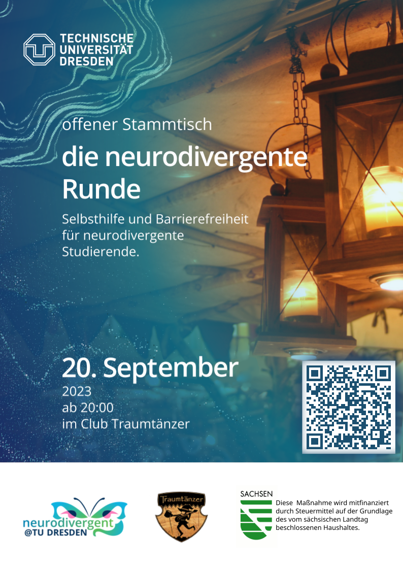 Flyer Stammtisch "Neurodiverente Runde" am 20.09.2023 ab 20 Uhr im Traumtänzer