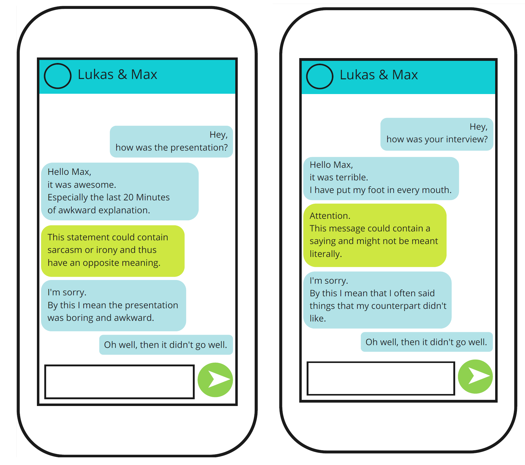 Image of an example scenario in which two people are chatting with each other. One smartphone on the left and one smartphone on the right with different examples each. On the left, the AI recognizes that one person has used irony and marks this for the other person. On the right-hand side of the image, one person uses a proverb and both chat participants are made aware of this.