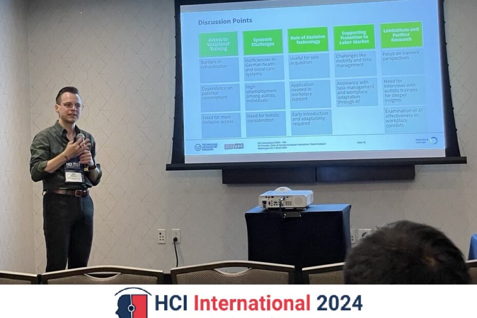 Photo of David Gollasch standing with a microphone in his hand to the left of a large display on which a presentation is being shown. He is speaking and chairs can be seen in the foreground (cropped). Below the picture is the logo of the HCI International conference showing the conference name 'HCI International 2024', the date '29 June - 4 July' and the event place 'Washington DC'. The logo includes a symbol with a human head (left) side by side to a schematic robotic head.