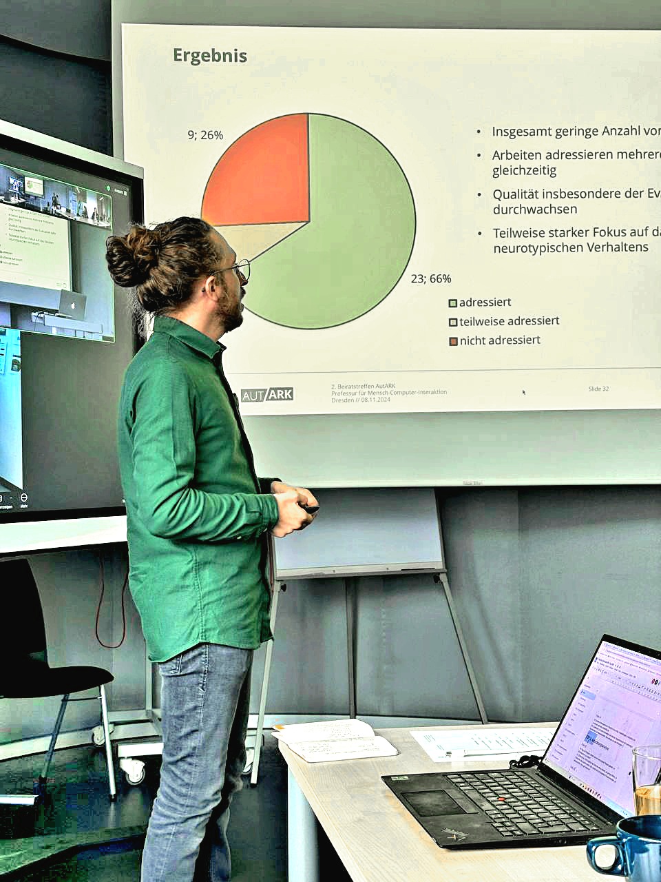 Foto von Meinhardt Branig, der links im Bild vor einem Foliensatz steht, auf dem ein Kreisdiagramm abgebildet ist. 